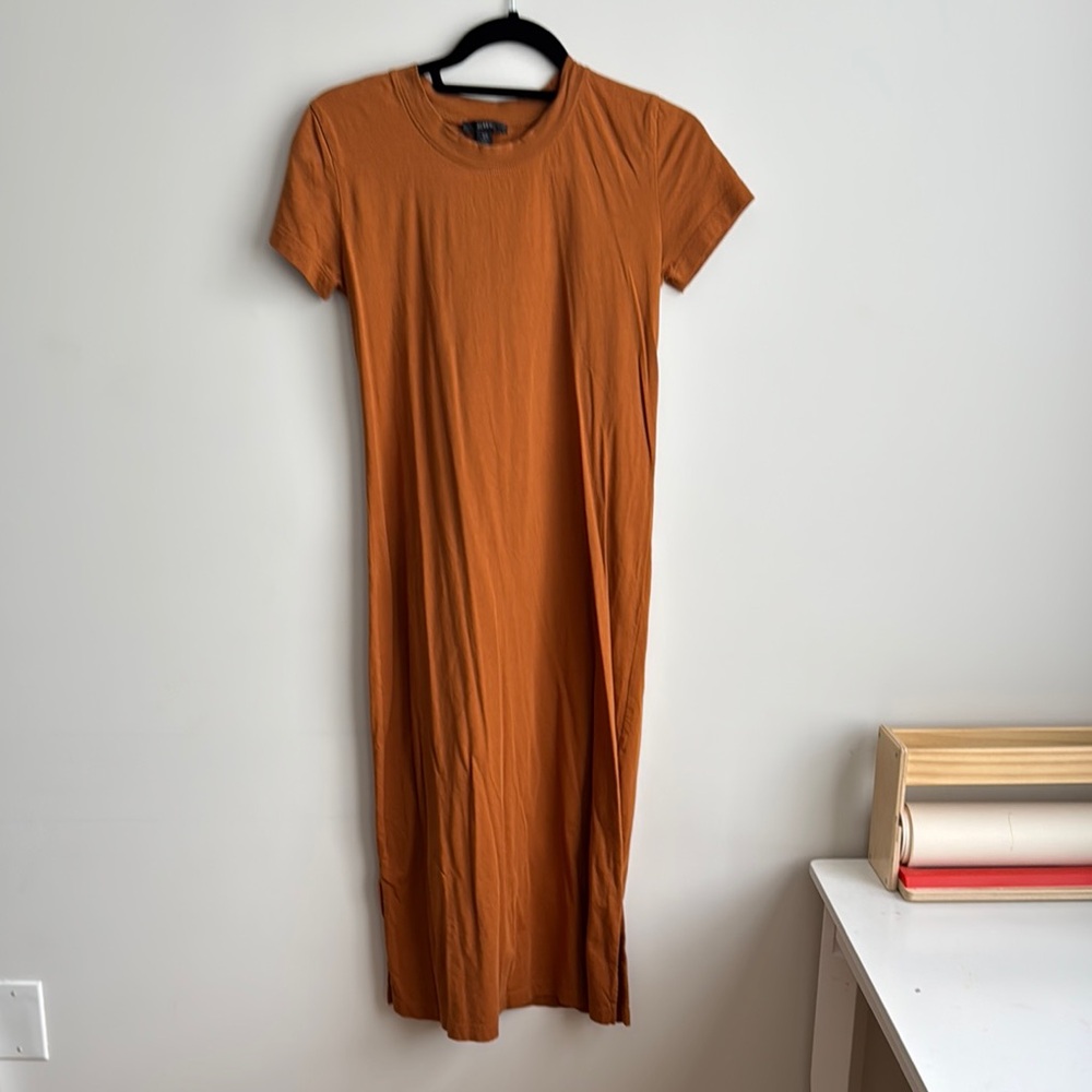 J. Crew rust Midi Dress. Small slit on both sides. XS. Slim but not skin tight.